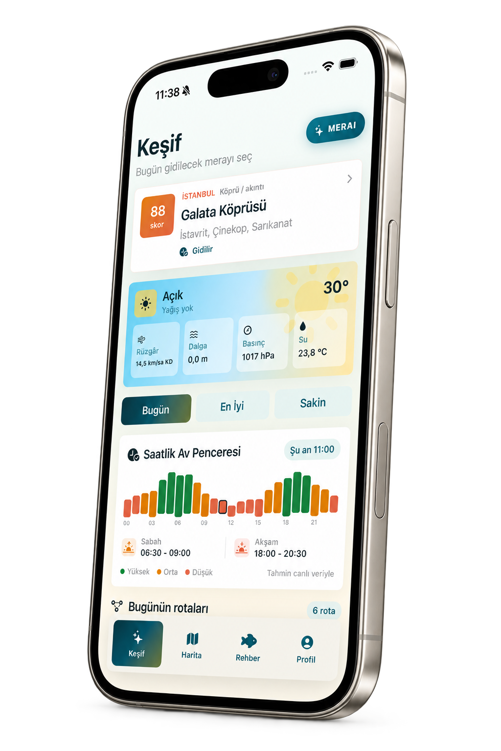 MERA canlı koşullar ekranını gösteren perspektif telefon
