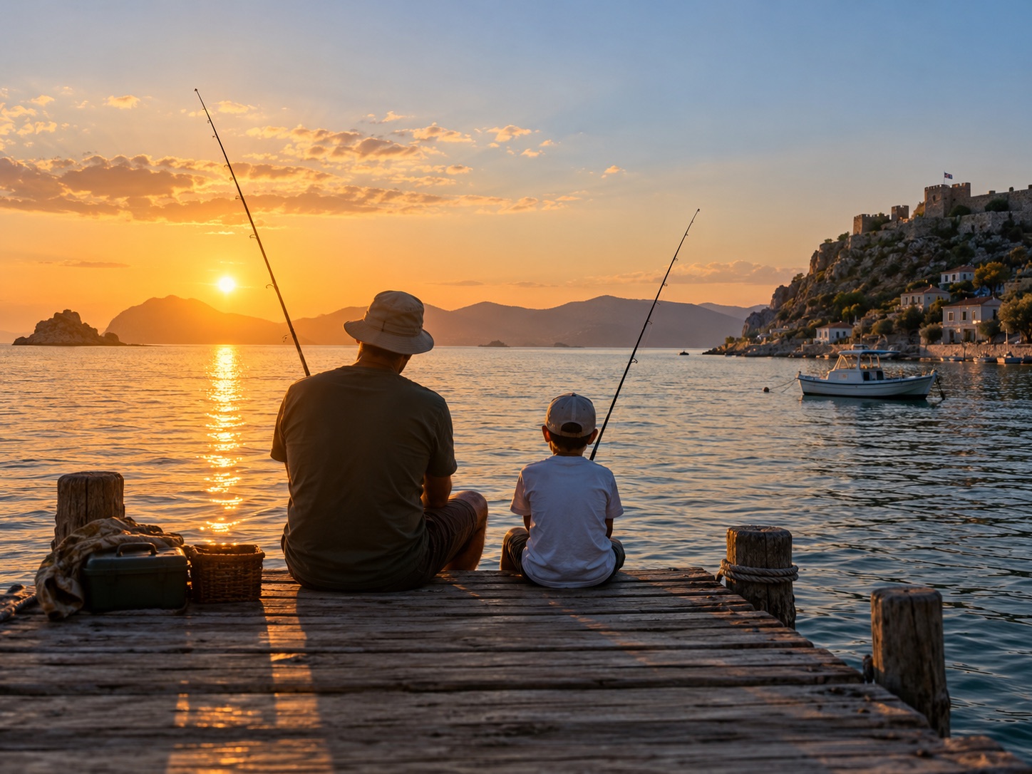 Gün batımında birlikte balık tutan bir aile